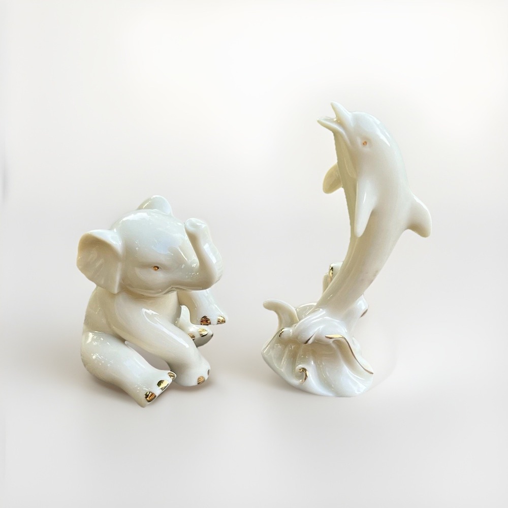 Lenox Ivory Porcelain Elephant Dolphin Figurines Gold Accent Bundle Collectible